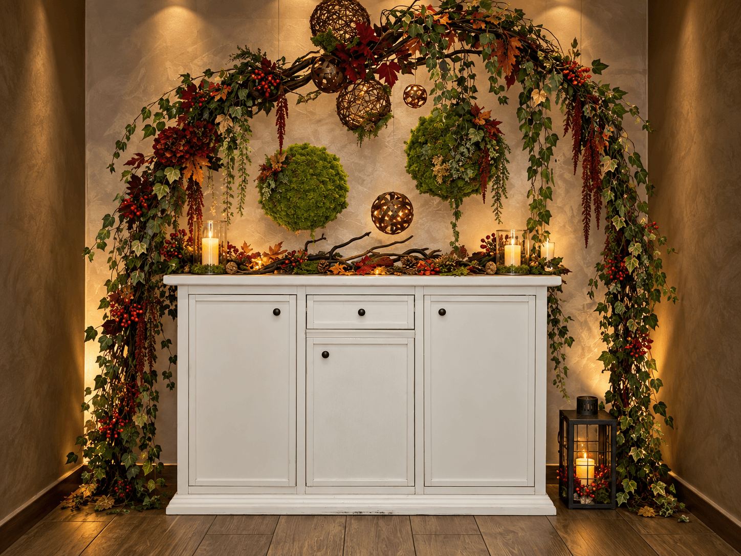 A white sideboard decorated with branches, greenery and a circular green detail A white sideboard decorated with branches, greenery and a circular green detail