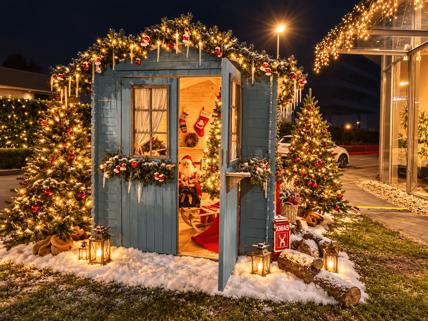 A cottage from a winter story A small blue cottage decorated with branches and lights in a winter installation