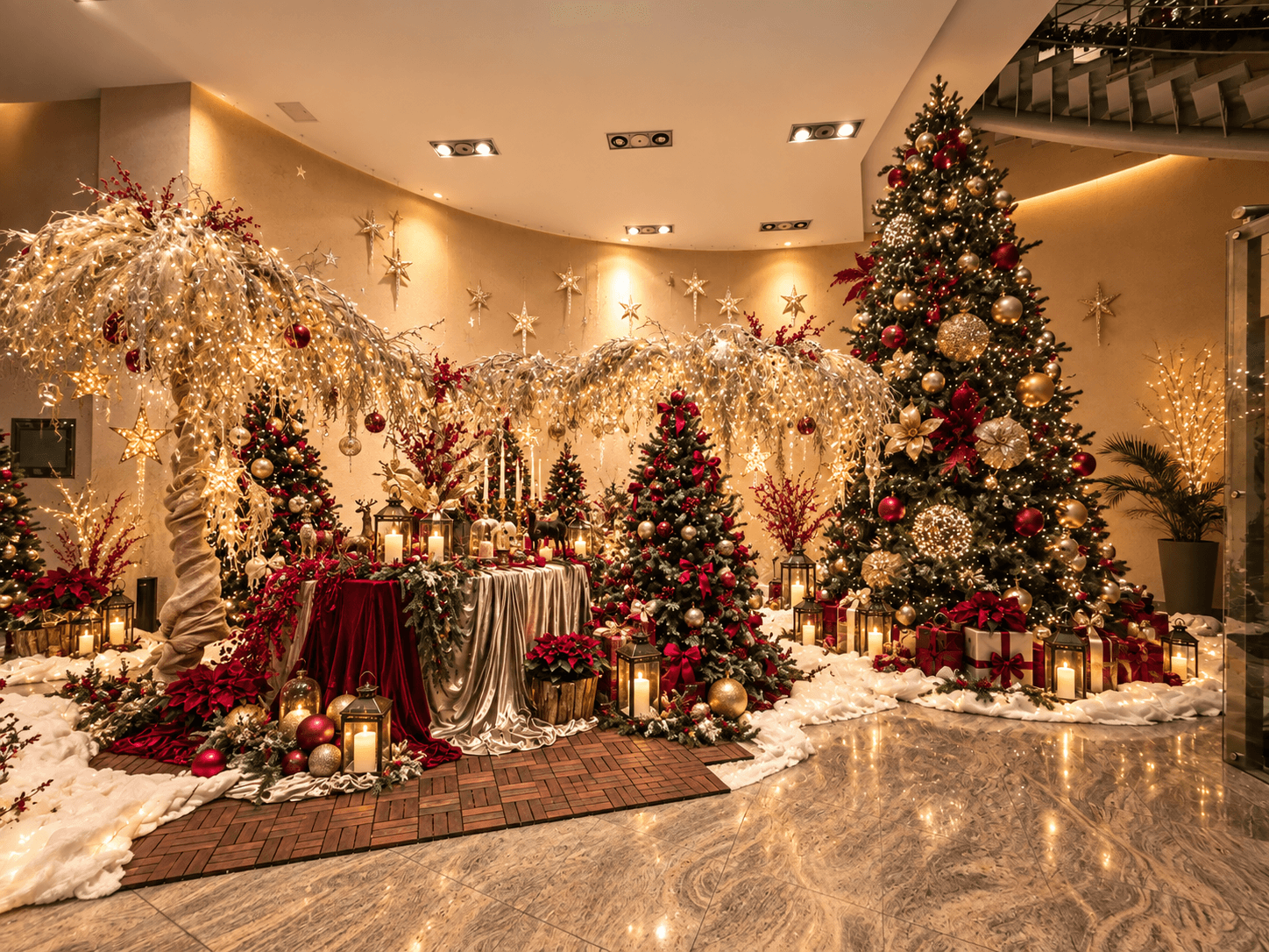 Festive magic A festive installation with a tall Christmas tree, red ornaments and white winter details